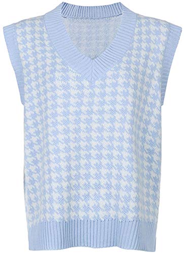 Chalecos de punto con cuello en V para mujer, sin mangas, suéter, suéter de punto a cuadros, suéter uniforme (color: azul claro, tamaño: S)