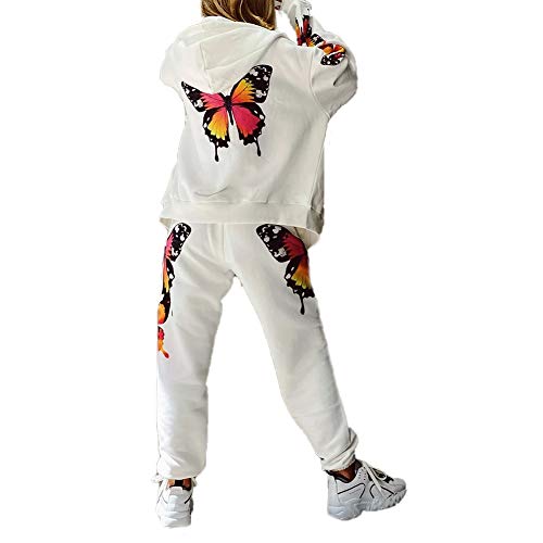 Chándal de Mujer 2 Piezas Traje Deportivo Top Sudadera Chaqueta de Manga Larga con Capucha y Estampado de Mariposas + Pantalones Largos de Cintura Alta Conjunto de Ropa para Deportes (Blanco, XL)