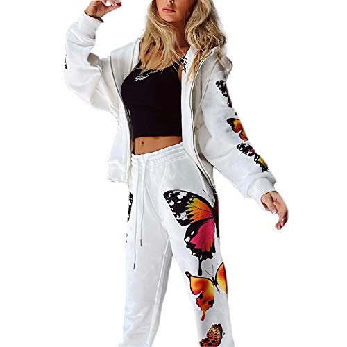 Chándal de Mujer 2 Piezas Traje Deportivo Top Sudadera Chaqueta de Manga Larga con Capucha y Estampado de Mariposas + Pantalones Largos de Cintura Alta Conjunto de Ropa para Deportes (Blanco, XL)
