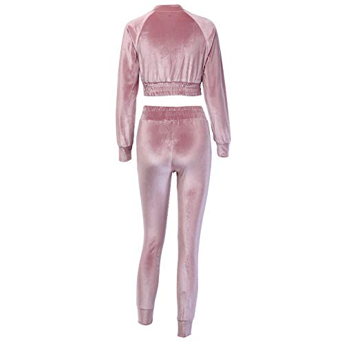 Chándal Mujer 2 Piezas Ropa Deportiva de Terciopelo Chaqueta Corta de Manga Larga Sudadera sin Capucha Pantalones Largos de Cintura Alta Otoño Invierno Yoga Gimnasio Jogging Fitness (Rosa, S)