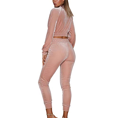 Chándal Mujer 2 Piezas Ropa Deportiva de Terciopelo Chaqueta Corta de Manga Larga Sudadera sin Capucha Pantalones Largos de Cintura Alta Otoño Invierno Yoga Gimnasio Jogging Fitness (Rosa, S)