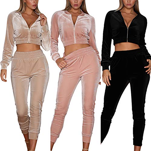 Chándal Mujer 2 Piezas Ropa Deportiva de Terciopelo Chaqueta Corta de Manga Larga Sudadera sin Capucha Pantalones Largos de Cintura Alta Otoño Invierno Yoga Gimnasio Jogging Fitness (Rosa, S)