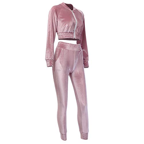 Chándal Mujer 2 Piezas Ropa Deportiva de Terciopelo Chaqueta Corta de Manga Larga Sudadera sin Capucha Pantalones Largos de Cintura Alta Otoño Invierno Yoga Gimnasio Jogging Fitness (Rosa, S)