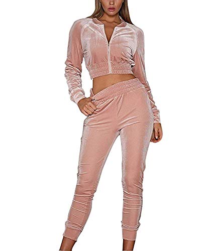 Chándal Mujer 2 Piezas Ropa Deportiva de Terciopelo Chaqueta Corta de Manga Larga Sudadera sin Capucha Pantalones Largos de Cintura Alta Otoño Invierno Yoga Gimnasio Jogging Fitness (Rosa, S)
