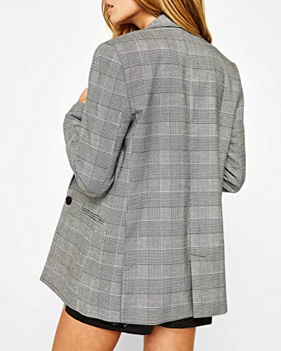 Chaqueta a Cuadros Mujeres Blazer Manga Larga Outwear Gris S