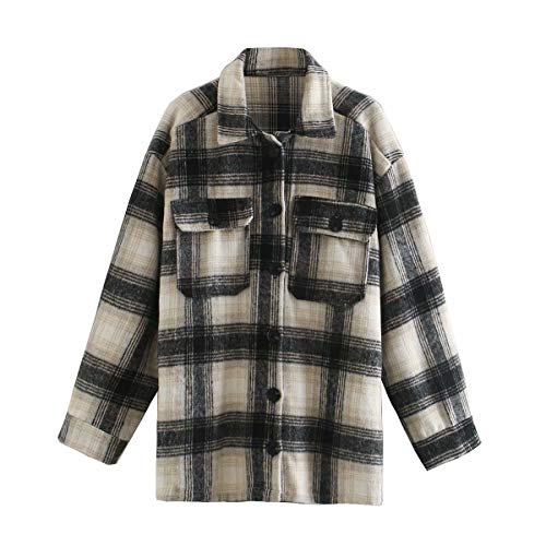 Chaqueta a Cuadros para Mujer con Botones Chaqueta Transición Tamaño Grande Sobrecamisa Cuadros con Bolsillos Camisa Ligera Manga Larga Estilo Boyfriend Otoño (Gris, M)