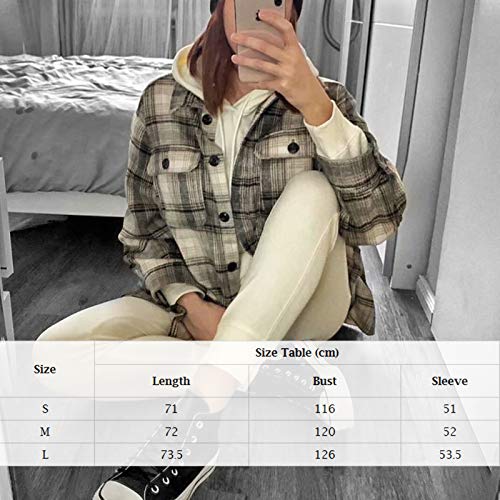 Chaqueta a Cuadros para Mujer con Botones Chaqueta Transición Tamaño Grande Sobrecamisa Cuadros con Bolsillos Camisa Ligera Manga Larga Estilo Boyfriend Otoño (Gris, M)