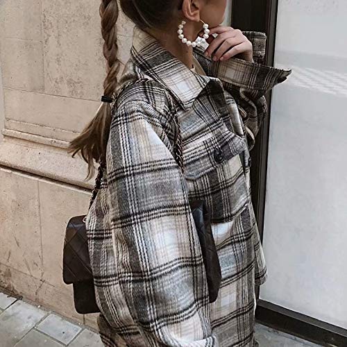 Chaqueta a Cuadros para Mujer con Botones Chaqueta Transición Tamaño Grande Sobrecamisa Cuadros con Bolsillos Camisa Ligera Manga Larga Estilo Boyfriend Otoño (Gris, M)