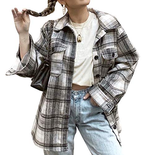 Chaqueta a Cuadros para Mujer con Botones Chaqueta Transición Tamaño Grande Sobrecamisa Cuadros con Bolsillos Camisa Ligera Manga Larga Estilo Boyfriend Otoño (Gris, M)