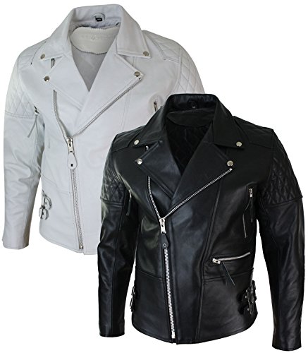 Chaqueta Acolchada con Cremallera de Cuero autentico de Vaca en Negro y Blanco Estilo Brando Vintage - Blanco, XXX-Large