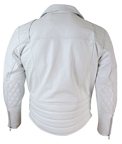 Chaqueta Acolchada con Cremallera de Cuero autentico de Vaca en Negro y Blanco Estilo Brando Vintage - Blanco, XXX-Large