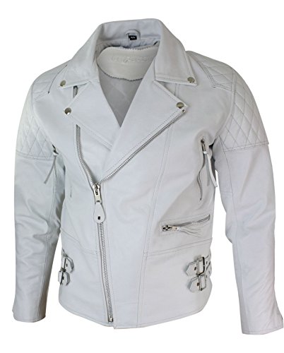 Chaqueta Acolchada con Cremallera de Cuero autentico de Vaca en Negro y Blanco Estilo Brando Vintage - Blanco, XXX-Large