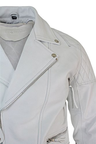 Chaqueta Acolchada con Cremallera de Cuero autentico de Vaca en Negro y Blanco Estilo Brando Vintage - Blanco, XXX-Large