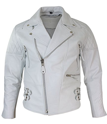 Chaqueta Acolchada con Cremallera de Cuero autentico de Vaca en Negro y Blanco Estilo Brando Vintage - Blanco, XXX-Large