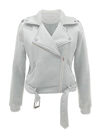 Chaqueta Biker Corta De Autentico para Mujer con Cremallera Asimetrica ，Blanco,S