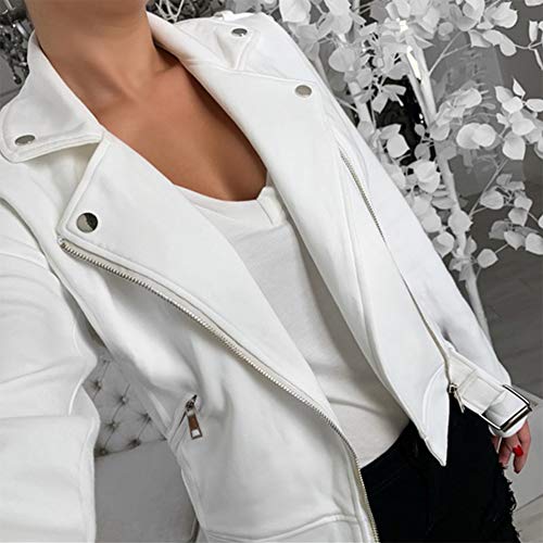 Chaqueta Biker Corta De Autentico para Mujer con Cremallera Asimetrica ，Blanco,S