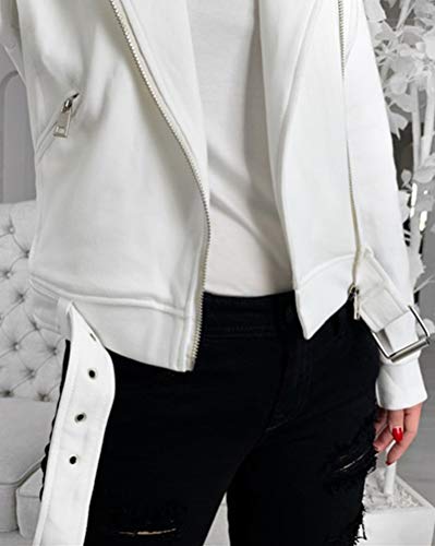 Chaqueta Biker Corta De Autentico para Mujer con Cremallera Asimetrica ，Blanco,S