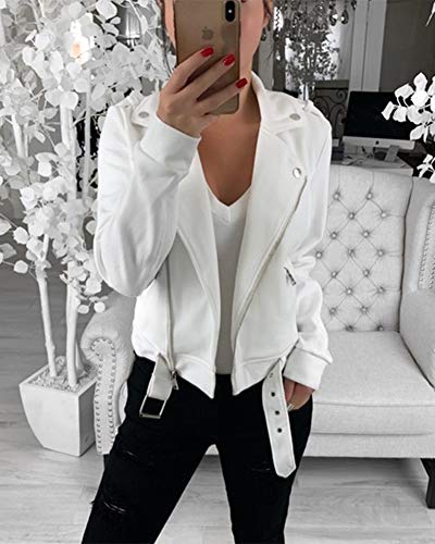 Chaqueta Biker Corta De Autentico para Mujer con Cremallera Asimetrica ，Blanco,S