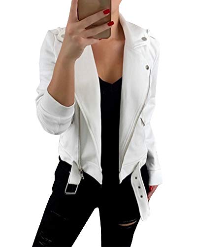 Chaqueta Biker Corta De Autentico para Mujer con Cremallera Asimetrica ，Blanco,S