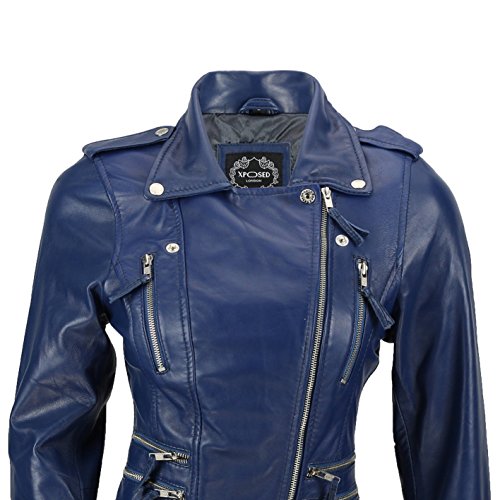 Chaqueta corta para mujer de piel auténtica estilo motero vintage con cierre y hebilla