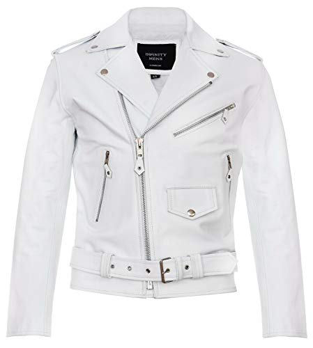 Chaqueta de Cuero Blanco para Hombre Rock Motocicleta de Piel XL