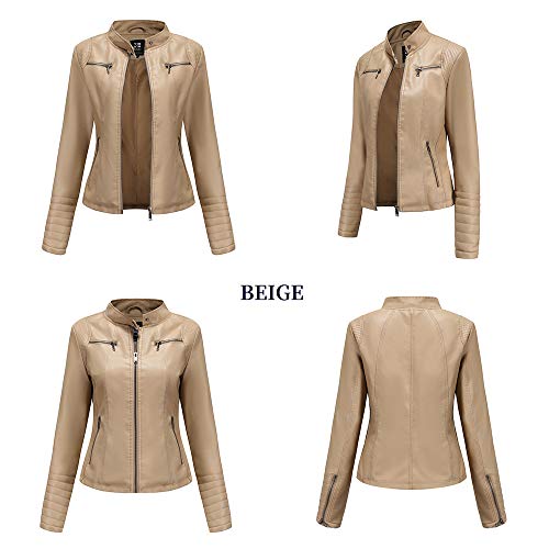 Chaqueta de Cuero Leather Jackets Motorista de PU para Mujer Chaqueta con Bolsillos con Cremallera, Chaqueta Corta para el Otoño, Primavera (5 Colores),Beige,M