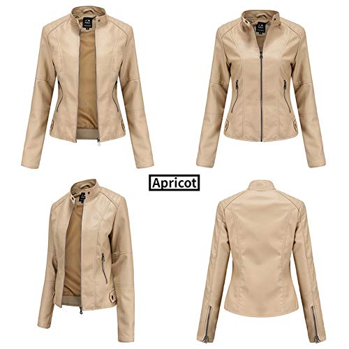 Chaqueta de Cuero Leather Jackets Motorista de PU para Mujer Chaqueta con Bolsillos con Cremallera, Chaqueta Corta para el Primavera Otoño (5 Colores),4-Apricot,M