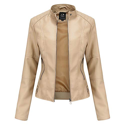 Chaqueta de Cuero Leather Jackets Motorista de PU para Mujer Chaqueta con Bolsillos con Cremallera, Chaqueta Corta para el Primavera Otoño (5 Colores),4-Apricot,M