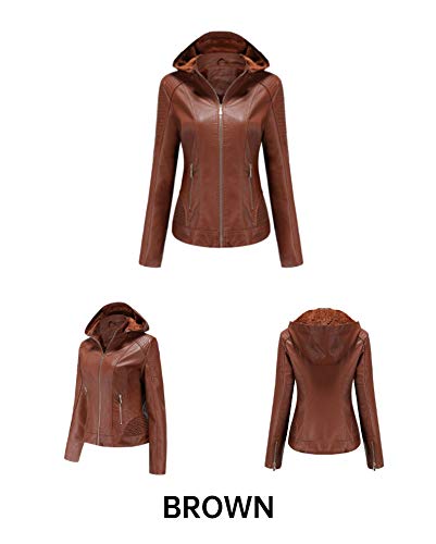 Chaqueta de Cuero Sudadera con Capucha Invierno Cálido Forro Polar Chaqueta Motorista de PU para Mujer Chaqueta con Bolsillos con Cremallera, Chaqueta Corta para el Primavera Otoño YK-3,Brown,M