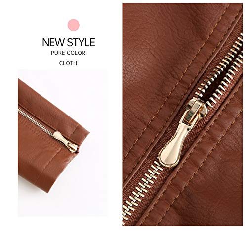 Chaqueta de Cuero Sudadera con Capucha Invierno Cálido Forro Polar Chaqueta Motorista de PU para Mujer Chaqueta con Bolsillos con Cremallera, Chaqueta Corta para el Primavera Otoño YK-3,Brown,M