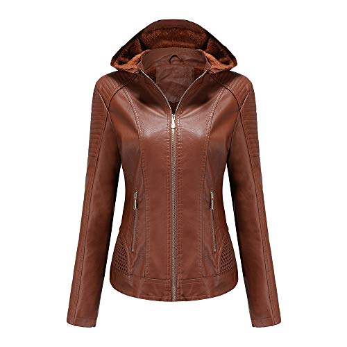 Chaqueta de Cuero Sudadera con Capucha Invierno Cálido Forro Polar Chaqueta Motorista de PU para Mujer Chaqueta con Bolsillos con Cremallera, Chaqueta Corta para el Primavera Otoño YK-3,Brown,M