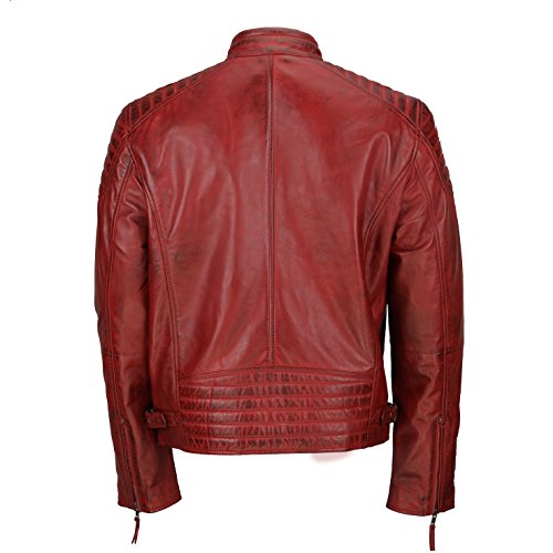 Chaqueta de piel suave para hombre, corte ajustado, chaqueta estilo biker con cremallera, retro, color marrón lavado Rojo rojo (Maroon) XXX-Large