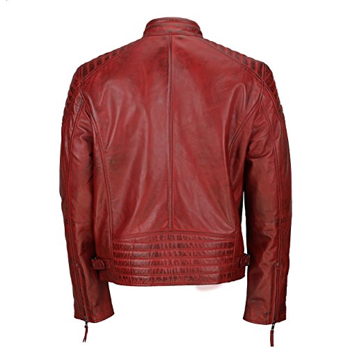 Chaqueta de piel suave para hombre, corte ajustado, chaqueta estilo biker con cremallera, retro, color marrón lavado Rojo rojo (Maroon) XXX-Large