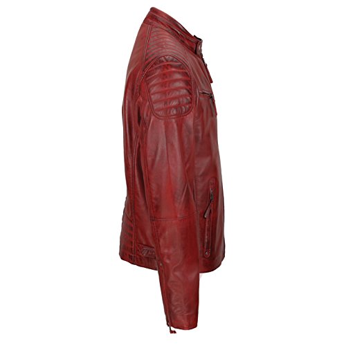 Chaqueta de piel suave para hombre, corte ajustado, chaqueta estilo biker con cremallera, retro, color marrón lavado Rojo rojo (Maroon) XXX-Large