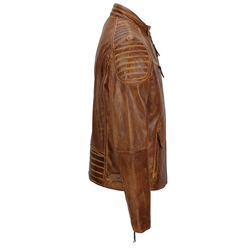 Chaqueta de piel suave para hombre, corte ajustado, chaqueta estilo biker con cremallera, retro, color marrón lavado Tan Brown Large