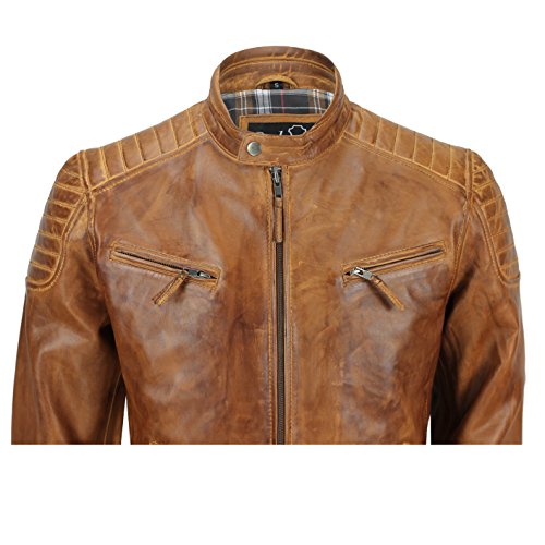 Chaqueta de piel suave para hombre, corte ajustado, chaqueta estilo biker con cremallera, retro, color marrón lavado Tan Brown Large