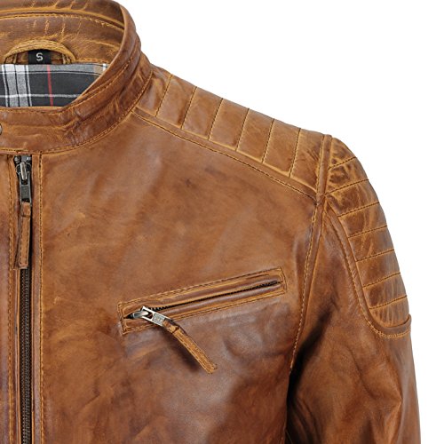 Chaqueta de piel suave para hombre, corte ajustado, chaqueta estilo biker con cremallera, retro, color marrón lavado Tan Brown Large
