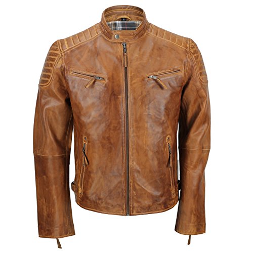 Chaqueta de piel suave para hombre, corte ajustado, chaqueta estilo biker con cremallera, retro, color marrón lavado Tan Brown Large