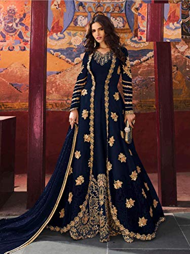 Chaqueta de seda musulmana para boda georgette fiesta, lentejuelas indias Anarkali largo y pesado mujer traje 8808 (azul)