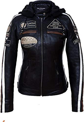 Chaqueta Moto Mujer de Cuero Urban Leather UR-155 '58 LADIES' | Chaqueta Cuero Mujer | Cazadora Moto de Piel de Cordero | Armadura Removible para Espalda, Hombros y Codos Aprobada por la CE |Negro | XL