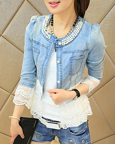 Chaqueta Vaquera Mujer Elegantes Manga Larga Encaje Vaquero Chaquetas Abrigos Azul XL