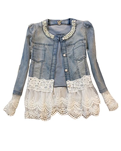 Chaqueta Vaquera Mujer Elegantes Manga Larga Encaje Vaquero Chaquetas Abrigos Azul XL