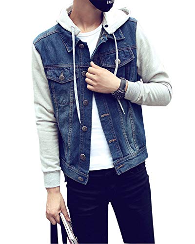 Chaqueta Vaquera para Hombre Slim Fit Desmontable Chaqueta con Capucha Clásico Tamaño Grande Mezclilla Abrigo Azul L