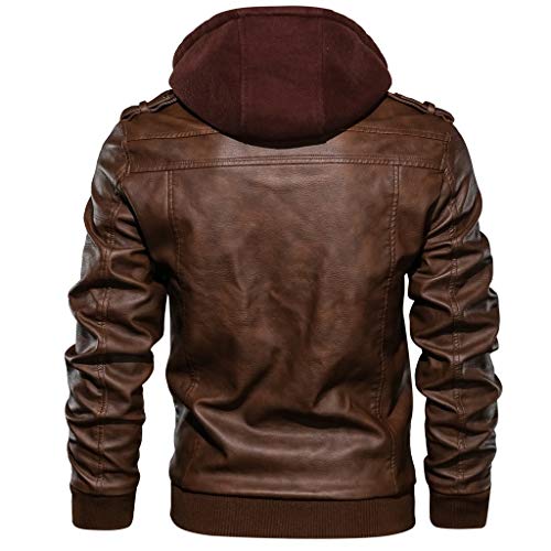 Chaqueta Vintage Hombre Cazadoras Moto Cuero Artificial Abrigo Gruesos Invierno Termica Chaquetas con Capucha Tops Cuello Alto con Hebilla de Piel Moda Yvelands(marrón,XXL)
