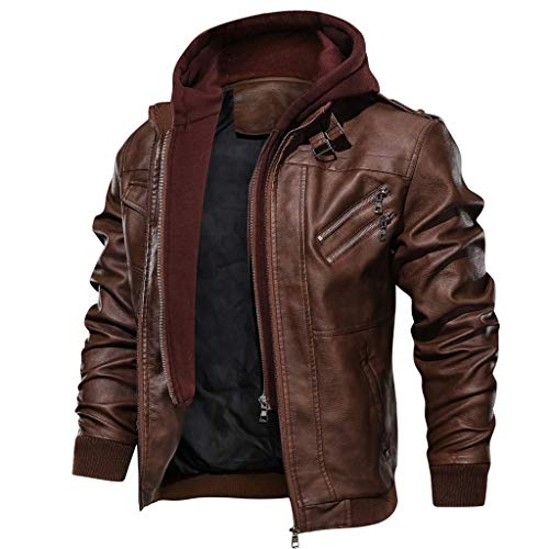 Chaqueta Vintage Hombre Cazadoras Moto Cuero Artificial Abrigo Gruesos Invierno Termica Chaquetas con Capucha Tops Cuello Alto con Hebilla de Piel Moda Yvelands(marrón,XXL)