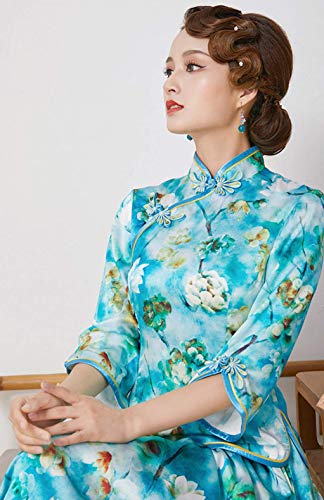 Cheongsam Seda Agua impresión Qipao Blusa Falda de Dos Piezas Conjunto Vestido Chino para Las Mujeres 3247 XL