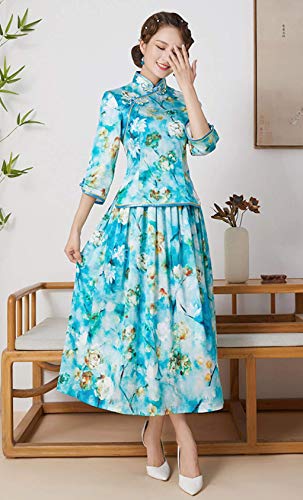 Cheongsam Seda Agua impresión Qipao Blusa Falda de Dos Piezas Conjunto Vestido Chino para Las Mujeres 3247 XL