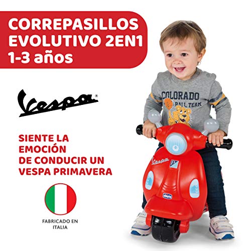 Chicco Vespa Primavera, Moto Correpasillos Niños, Juguete para Niños con Panel Electrónico, Luz, Sonido y Ruedines Estabilizadores Extraíbles – Moto Para Niños de 1 a 3 Años, Máx. 25 Kg, Color Roja