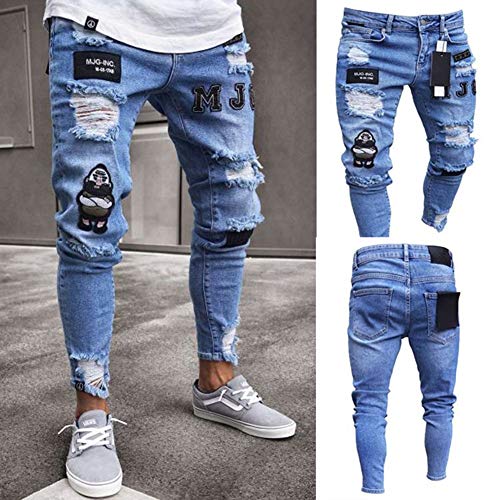 Chickwin Pantalones Vaqueros Hombre Rotos, Skinny Slim Fit Insignia Largos de Mezclilla de Cintura Baja de Pitillo Deportivos Elástico Cremallera Rota Jeans De Bolsillo (M, Azul Claro)