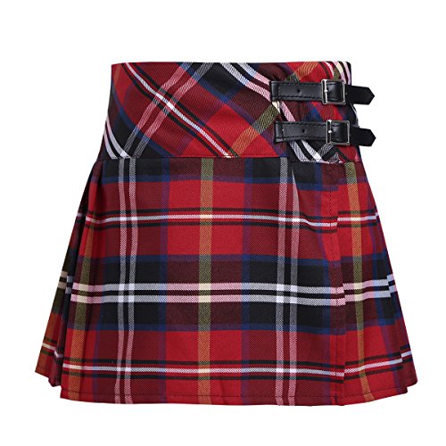 CHICTRY Niñas Falda Corta con Pliegues Escocesas a Cuadros de Escocia Falda Plisada de Uniforme Escolar Falda Algodón Tartán para Chica Rojo 12 años